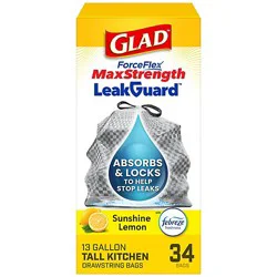 Glad Forceflex Maxstrength Leakguard Tall Kitchen Trash Bags, 13 Gal, Sunshine Lemon Scent, 34 Ct - 34 Ct