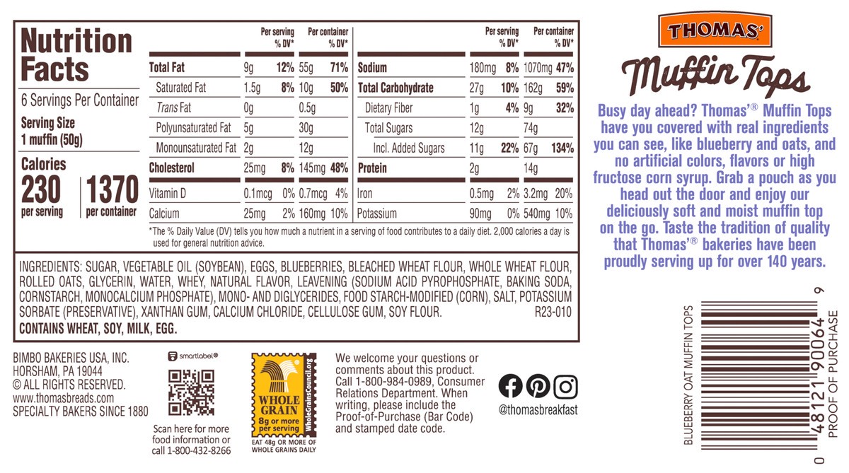 slide 9 of 9, Thomas' Blueberry Oat Muffin Tops, 6 packs, 10.5 oz, 6 ct