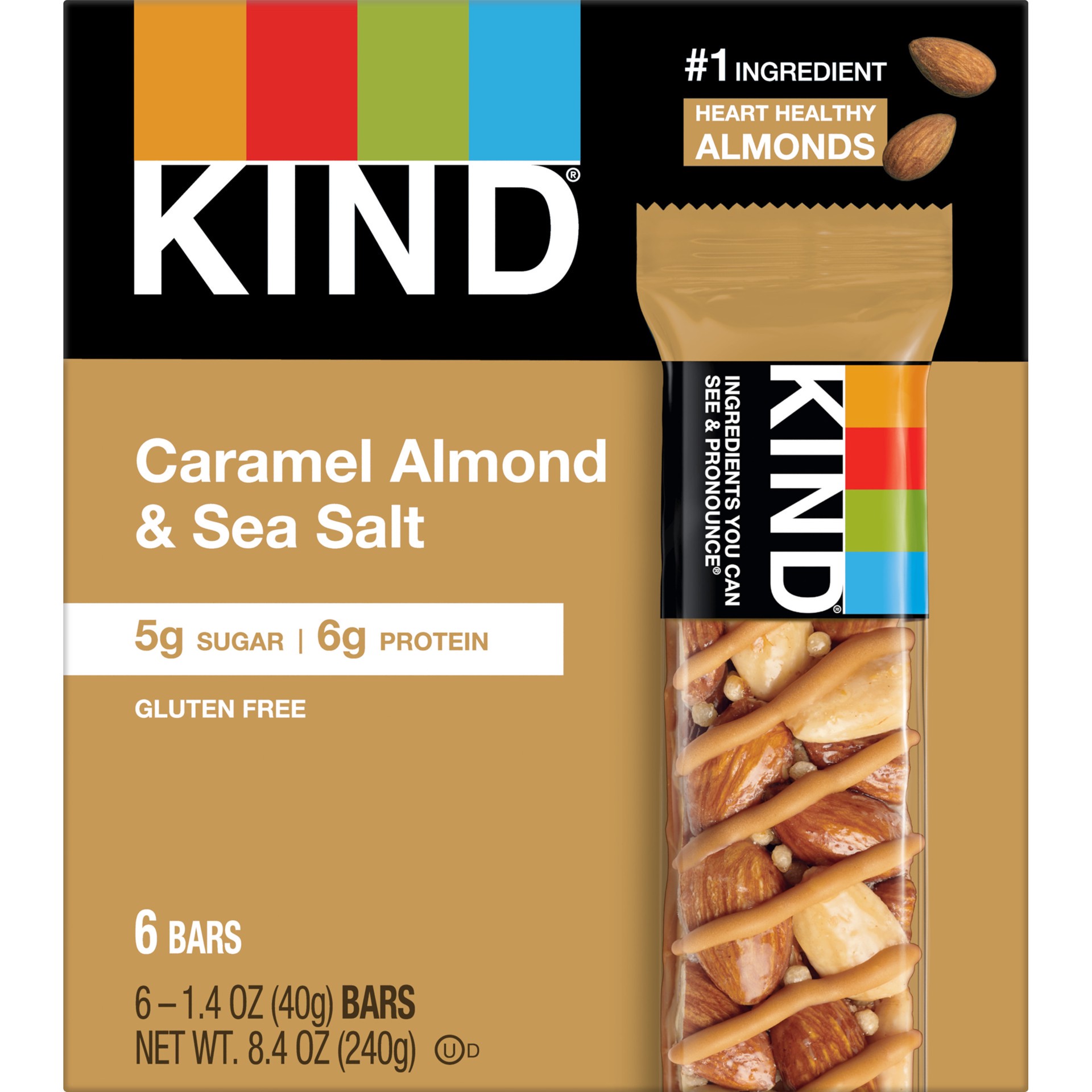 slide 1 of 6, KIND Gluten Free Caramel Almond & Sea Salt Snack Bars, 1.4 oz, 6 Count, 8.4 oz