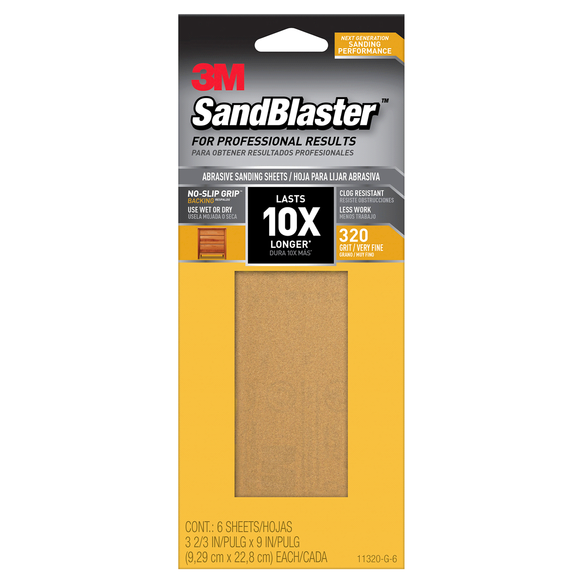 slide 1 of 1, 3M SandBlaster Sandpaper with NO-SLIP GRIP Backing Gold 3-2/3 inch x 9 inch, 6 ct