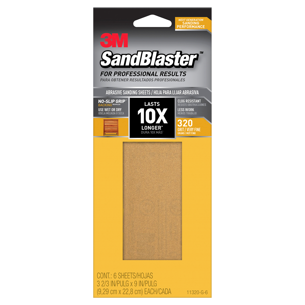 slide 1 of 2, 3M SandBlaster Sandpaper with NO-SLIP GRIP Backing Gold 3-2/3 inch x 9 inch, 6 ct