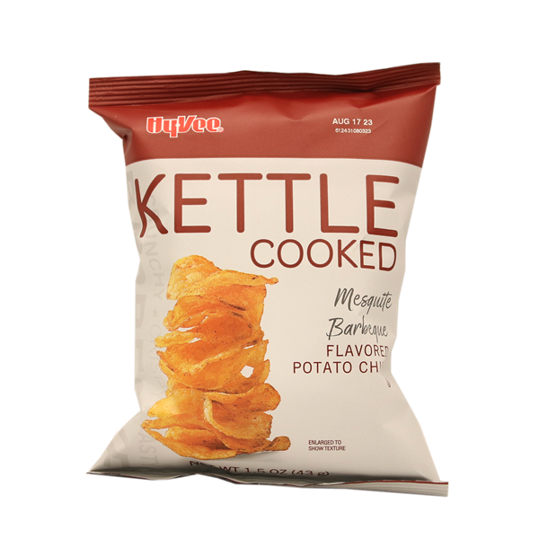 slide 1 of 1, Hy-Vee Kettle Cooked Mesquite Barbeque Potato Chips, 1.5 oz