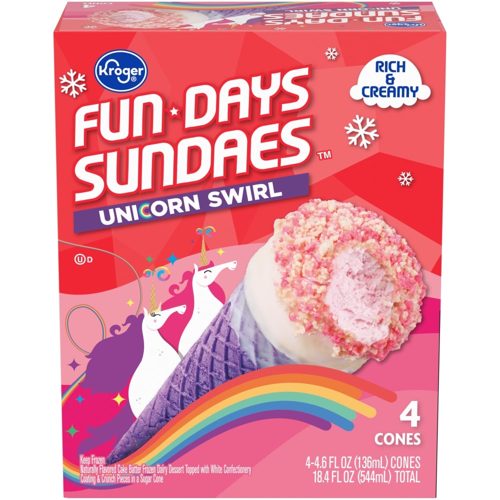 slide 1 of 1, Kroger Fun Days Sundaes Unicorn Swirl Sundae Cones, 18.4 fl oz