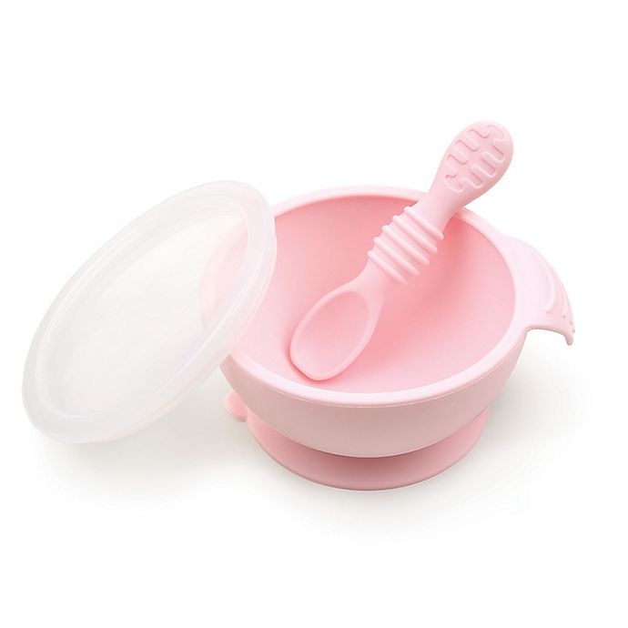 slide 1 of 3, Bumkins Silicone First Feeding Set with Lid & Spoon - Pink, 1 ct