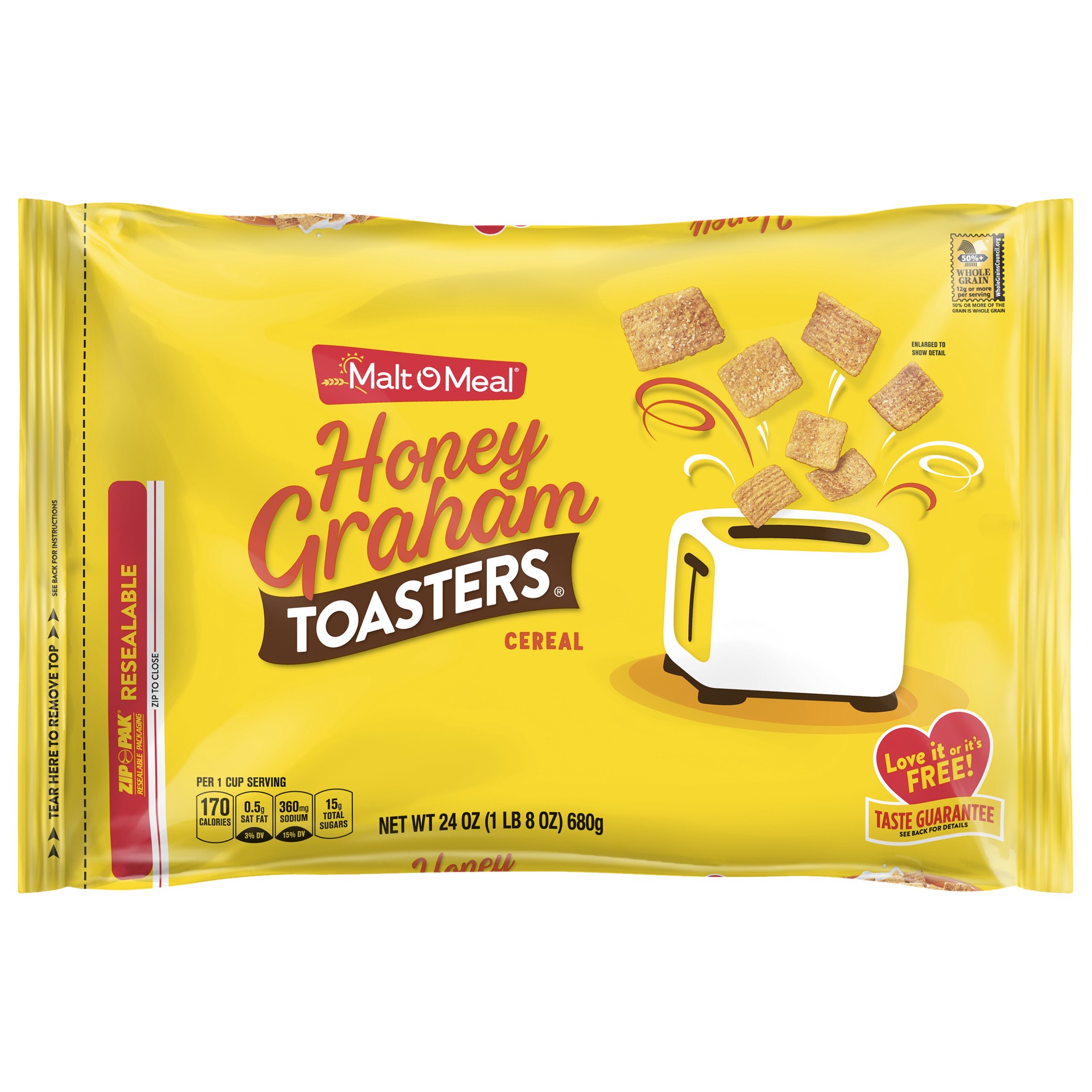 slide 1 of 7, Malt-O-Meal Honey Graham Toasters Breakfast Cereal, Honey Graham Cereal Squares, 24 OZ Bag, 24 oz