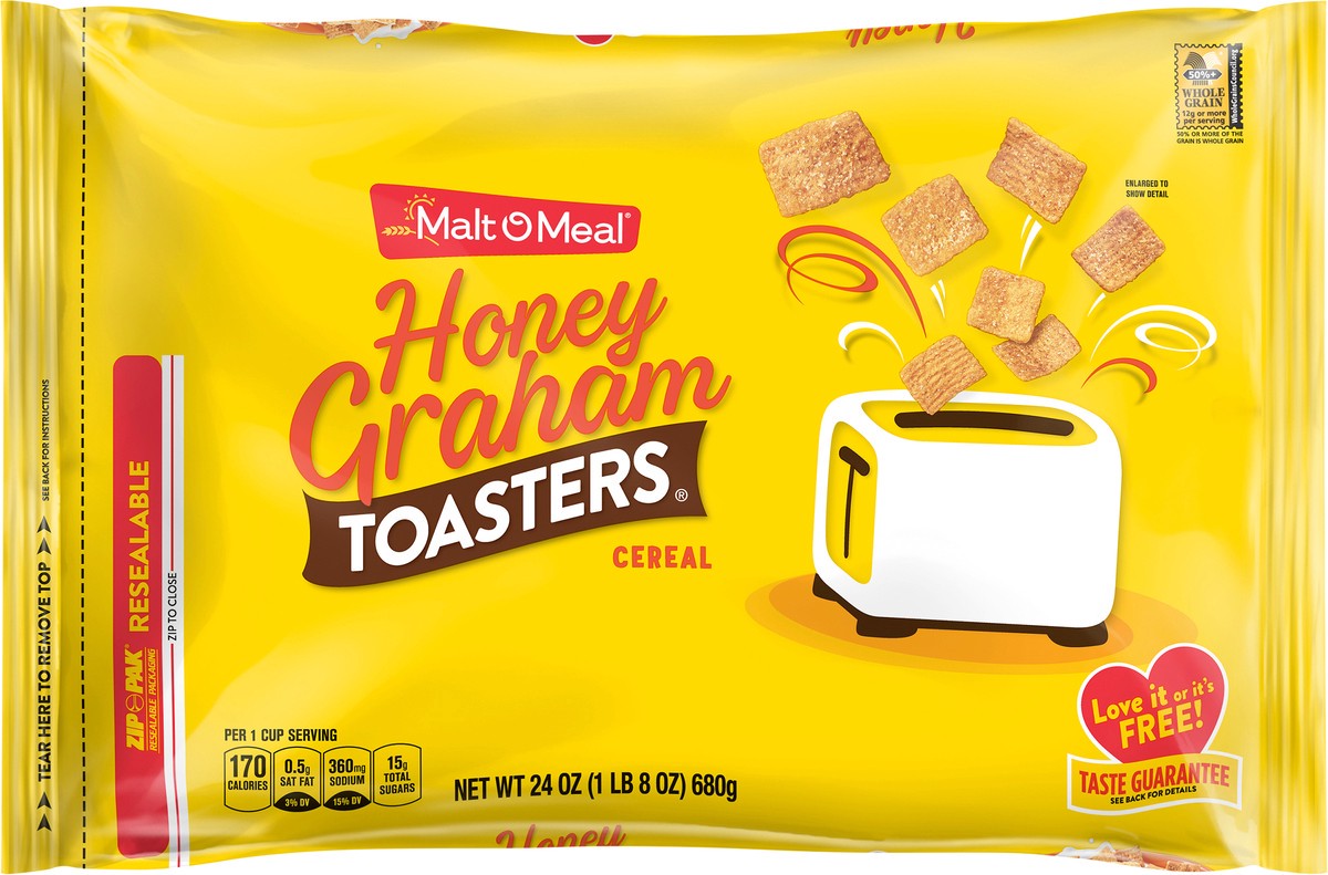 slide 5 of 7, Malt-O-Meal Honey Graham Toasters Breakfast Cereal, Honey Graham Cereal Squares, 24 OZ Bag, 24 oz