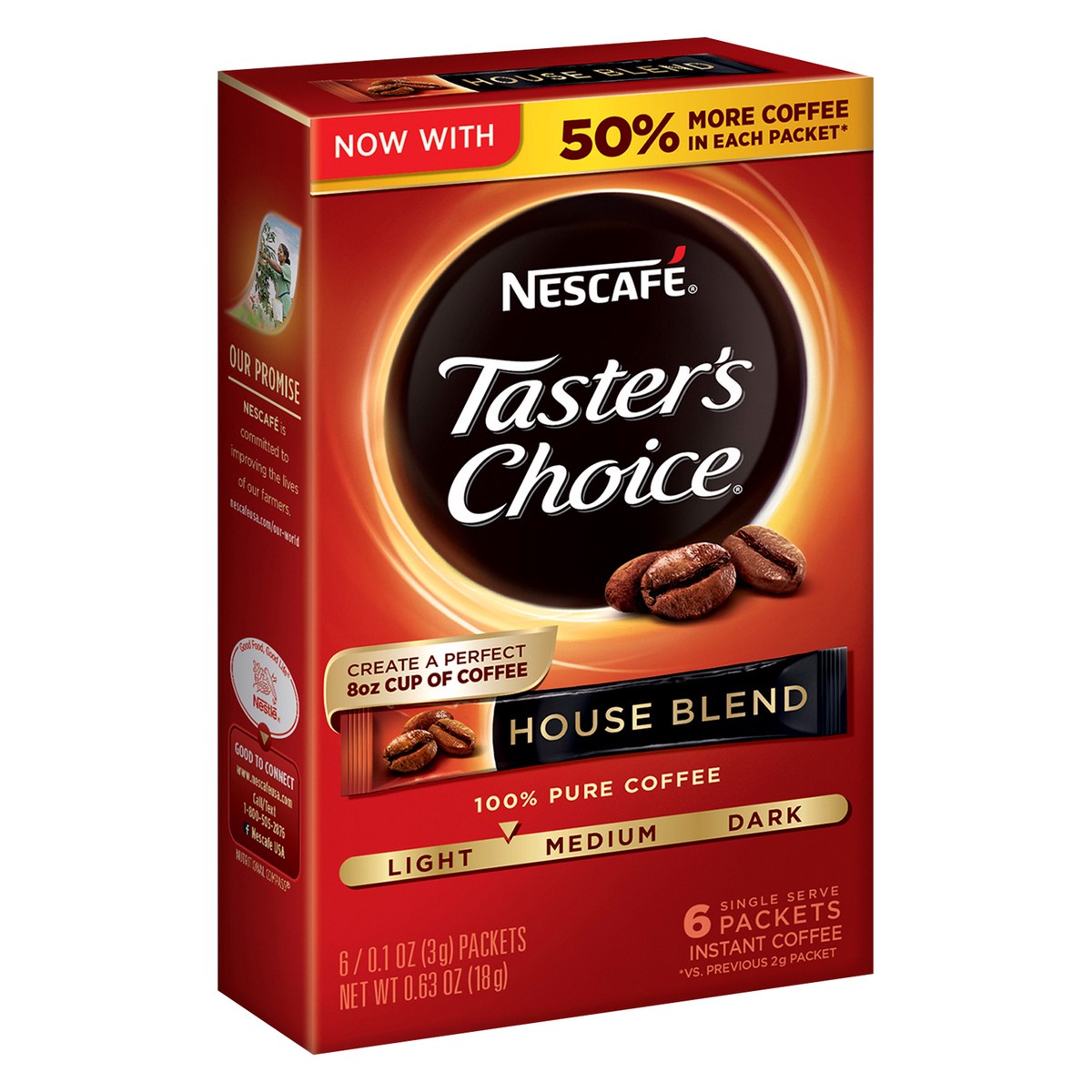 slide 7 of 8, Nescafé NESCAFÉ Taster's Choice, Instant Coffee Packets, Light Medium Roast Coffee, House Blend, 1 Box (6 Packets), 0.64 oz