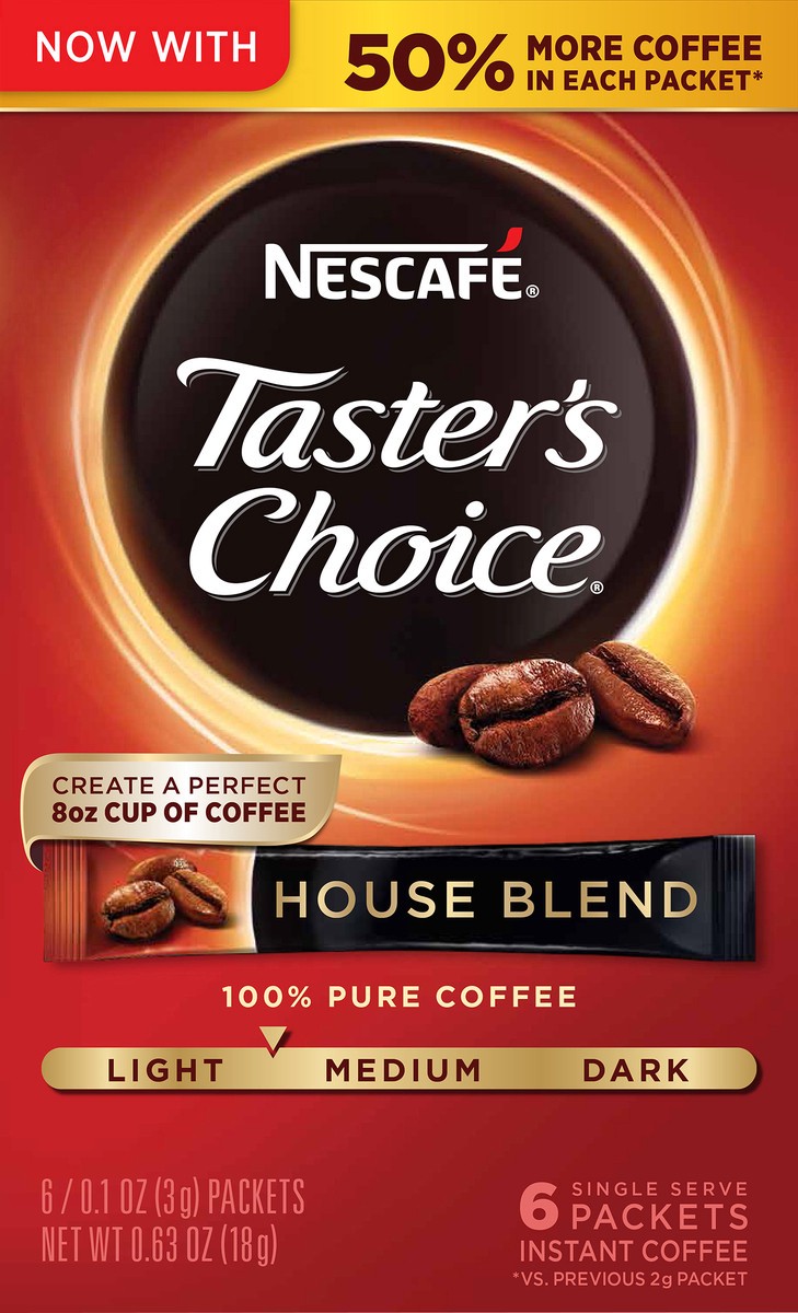 slide 2 of 8, Nescafé NESCAFÉ Taster's Choice, Instant Coffee Packets, Light Medium Roast Coffee, House Blend, 1 Box (6 Packets), 0.64 oz