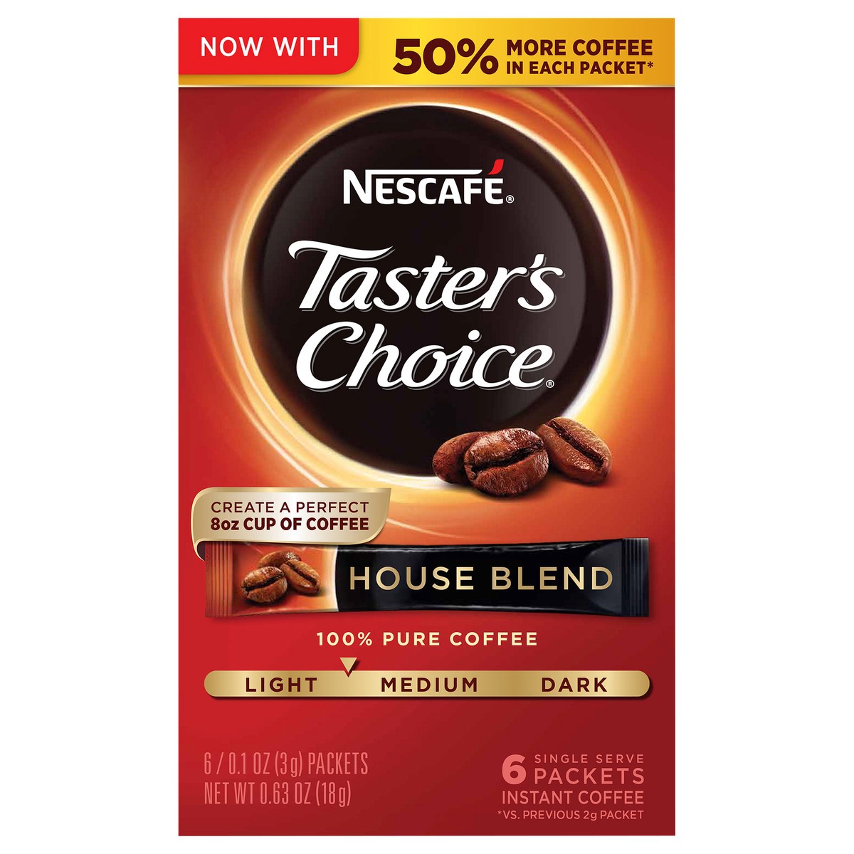 slide 8 of 8, Nescafé NESCAFÉ Taster's Choice, Instant Coffee Packets, Light Medium Roast Coffee, House Blend, 1 Box (6 Packets), 0.64 oz