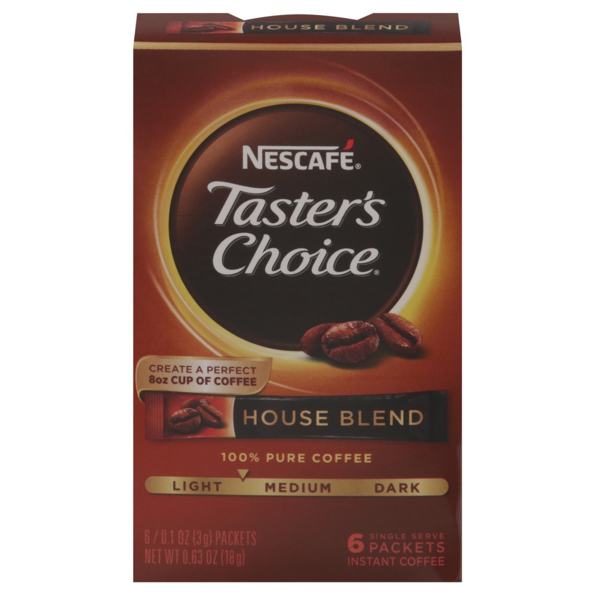 slide 1 of 8, Nescafé NESCAFÉ Taster's Choice, Instant Coffee Packets, Light Medium Roast Coffee, House Blend, 1 Box (6 Packets), 0.64 oz