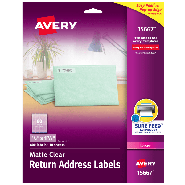 slide 1 of 8, Avery Easy Peel Permanent Laser Address Labels, Return, 15667, Clear, 800 ct