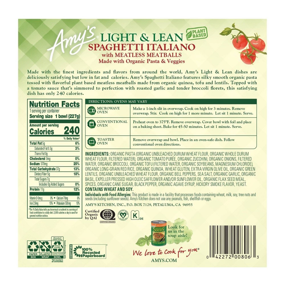 slide 2 of 4, Amy's Light & Lean Frozen Spaghetti Italiano with Meatless Meatballs, 8 oz