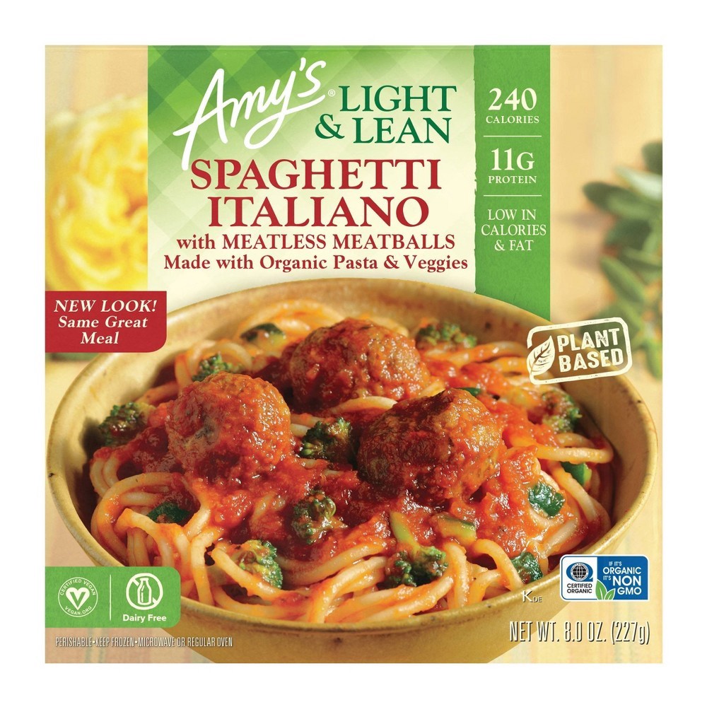 slide 4 of 4, Amy's Light & Lean Frozen Spaghetti Italiano with Meatless Meatballs, 8 oz