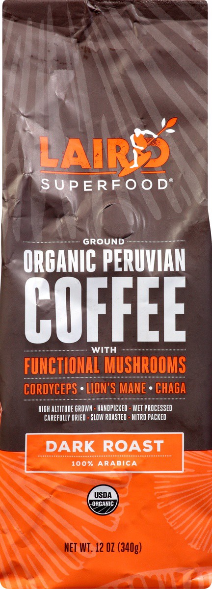 slide 6 of 9, Laird Superfood Dark Roast Ground Organic Peruvian Coffee with Functional Mushrooms - 12 oz, 12 oz