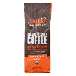 Laird Superfood Dark Roast Ground Organic Peruvian Coffee with Functional Mushrooms - 12 oz