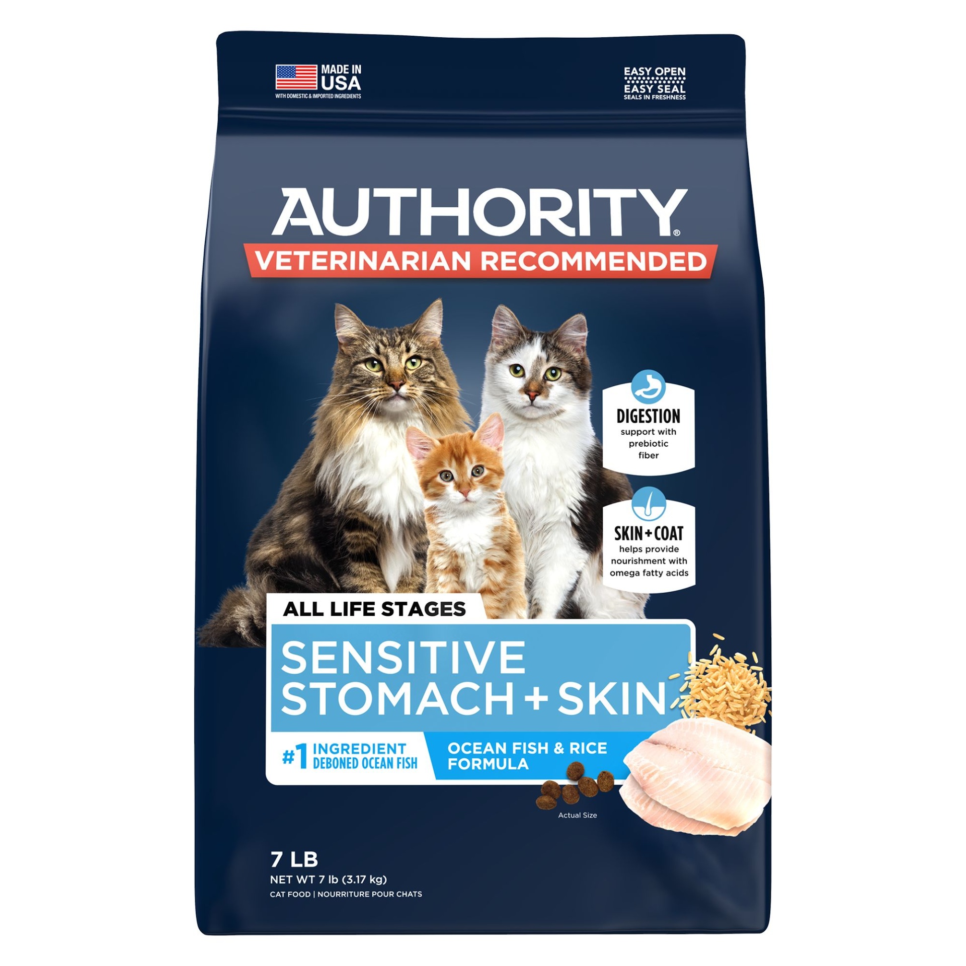 slide 1 of 1, Authority Sensitive Stomach & Skin Cat Dry Food - Ocean Whitefish & Rice, With-Grain, 7 lb