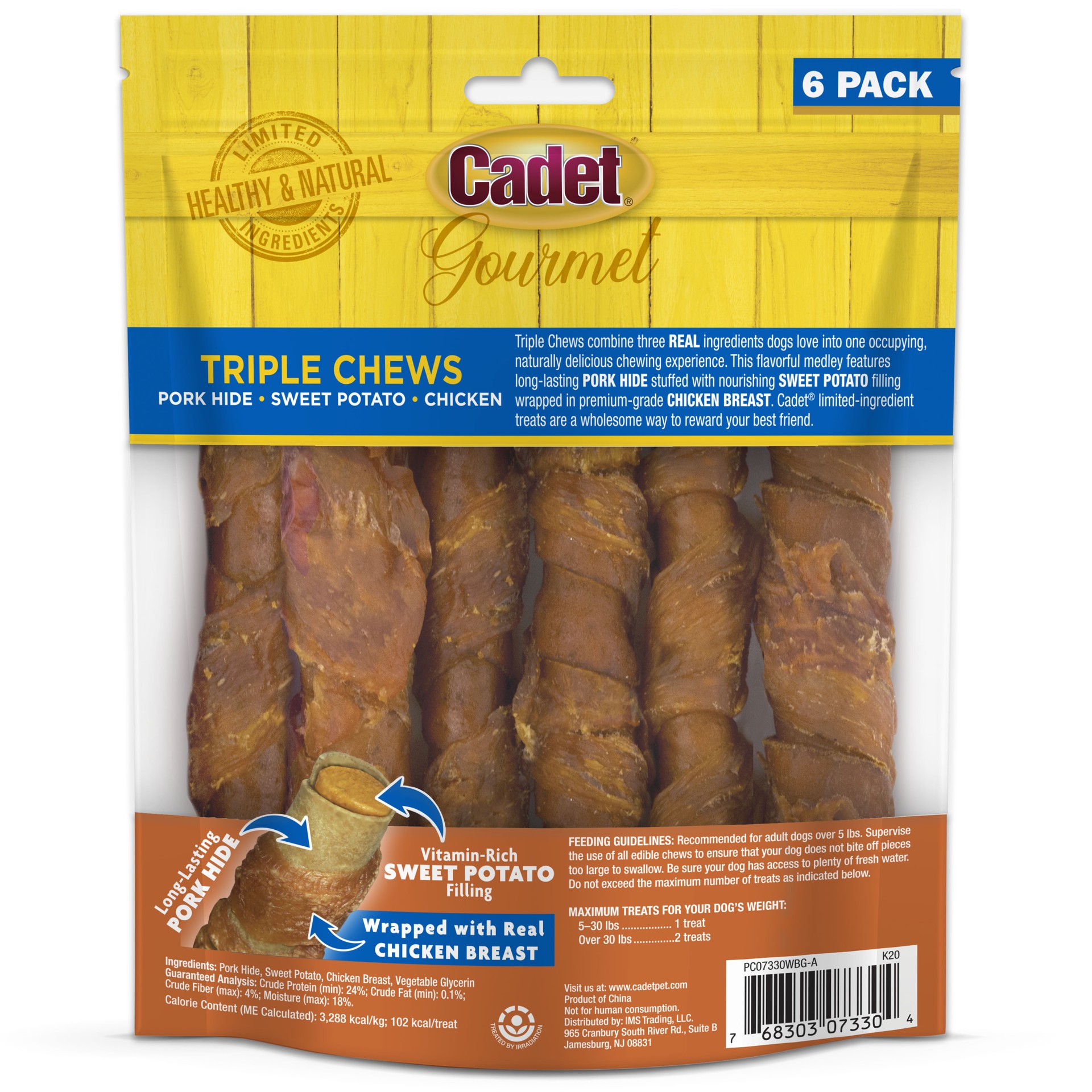 slide 5 of 9, Cadet Gourmet Triple Chews Pork Hide Twists Chicken & Sweet Potato (6 Count), 6 ct