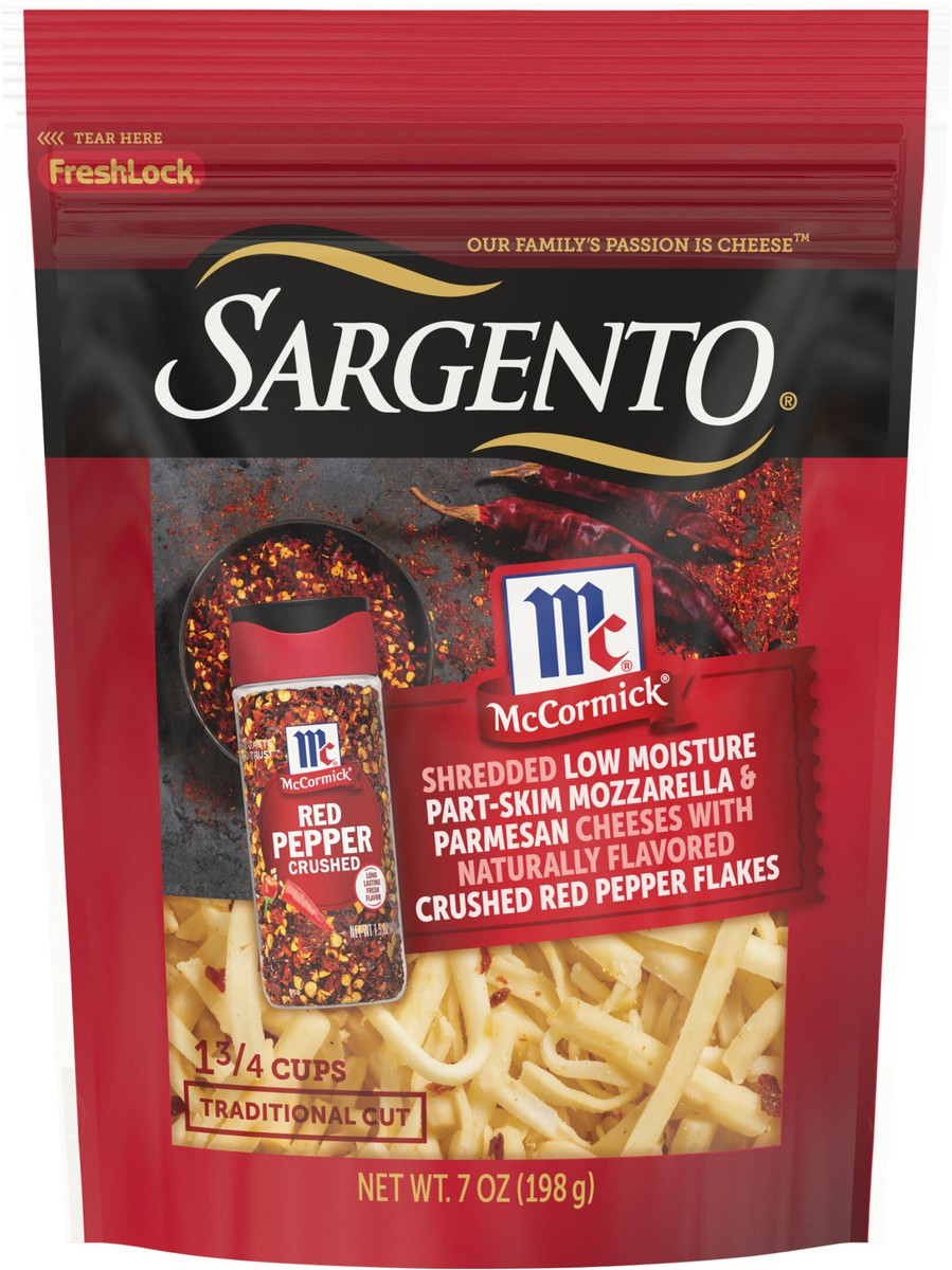 slide 14 of 14, Sargento McCormick Mozzarella & Parmesan Shredded Cheeses with Crushed Red Pepper, Traditional Cut, 7 oz., 7 oz