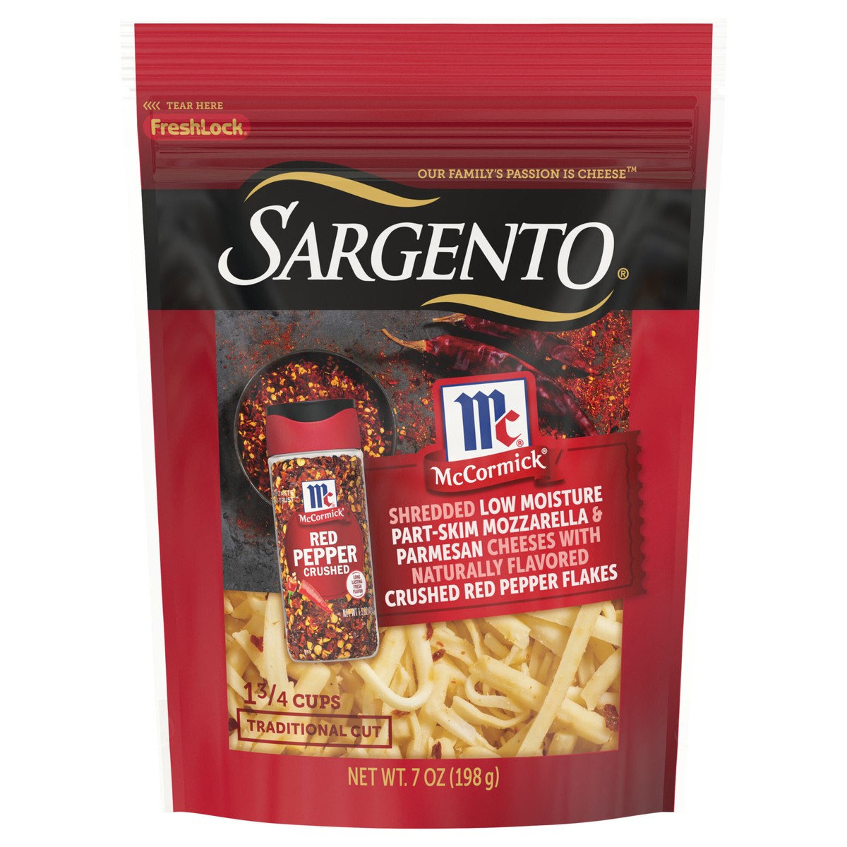 slide 1 of 14, Sargento McCormick Mozzarella & Parmesan Shredded Cheeses with Crushed Red Pepper, Traditional Cut, 7 oz., 7 oz