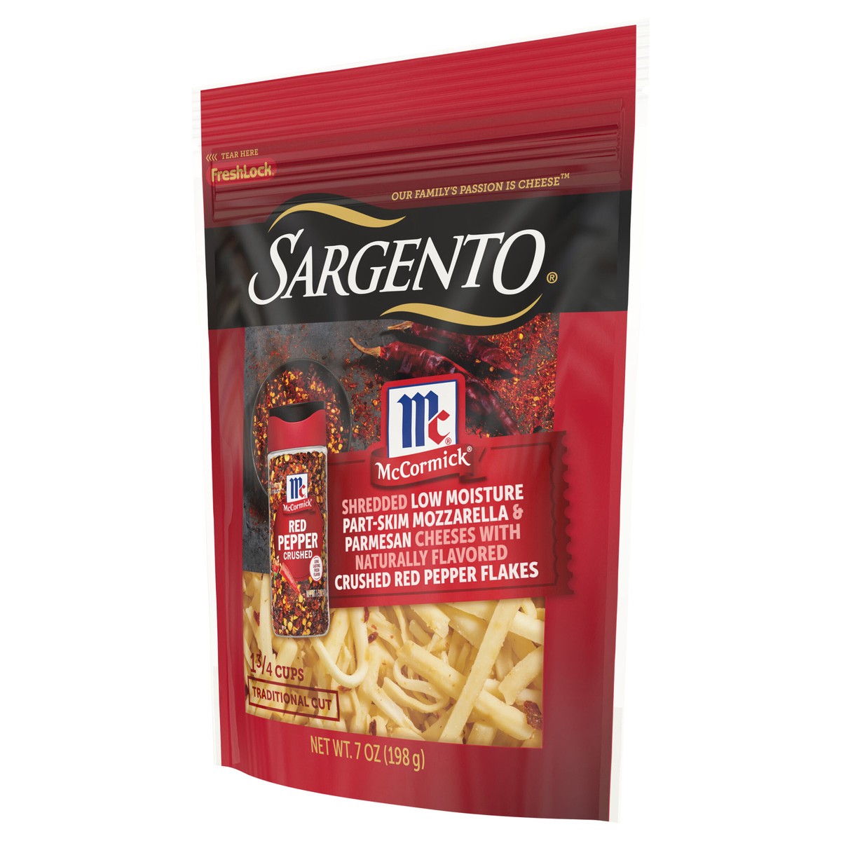 slide 9 of 14, Sargento McCormick Mozzarella & Parmesan Shredded Cheeses with Crushed Red Pepper, Traditional Cut, 7 oz., 7 oz
