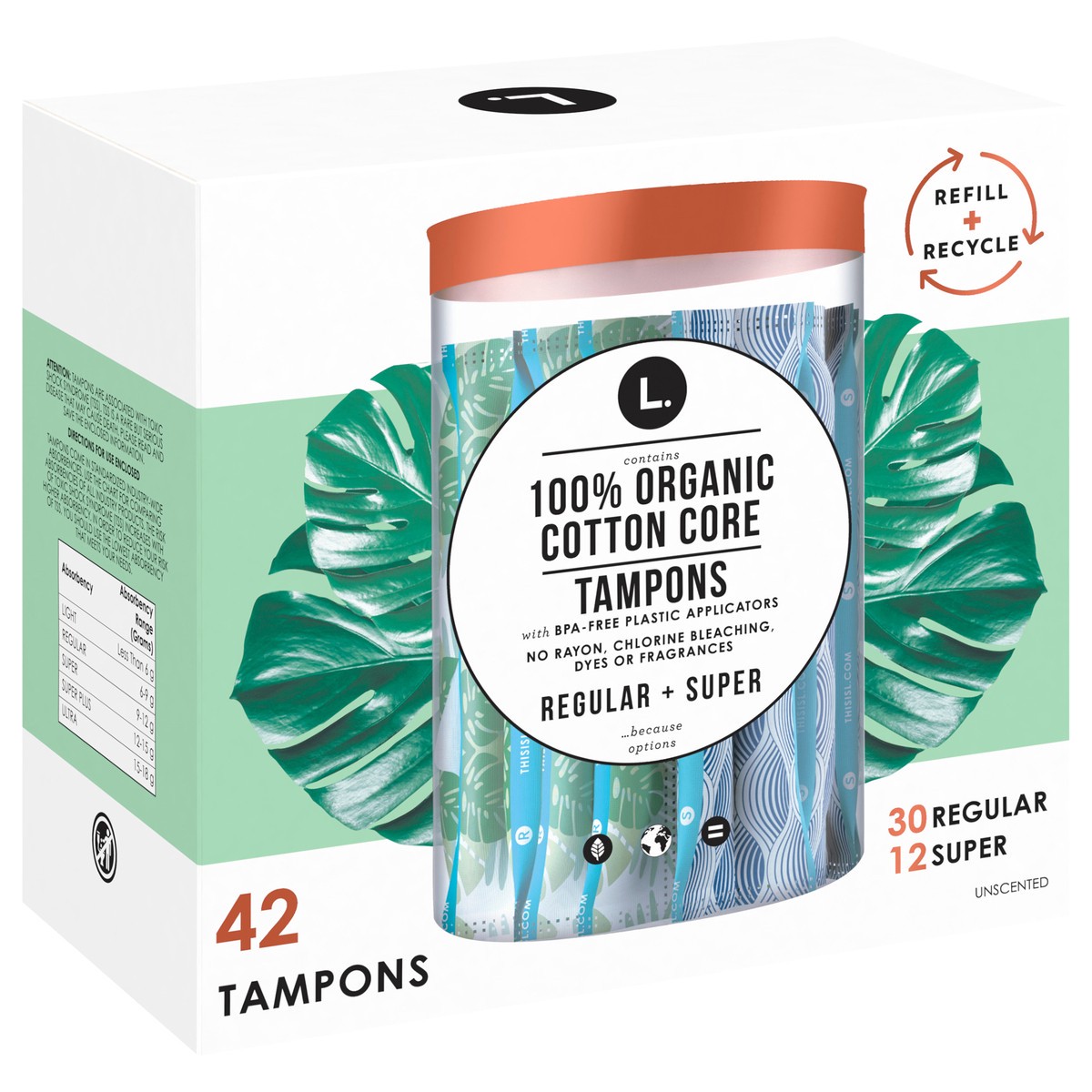 slide 4 of 4, L. Cotton Tampons RegularSuper Absorbency Multipack, Contains an Organic Cotton Core, Made Without Synthetic Pesticides, or Fragrances 42 Count, 42 ct