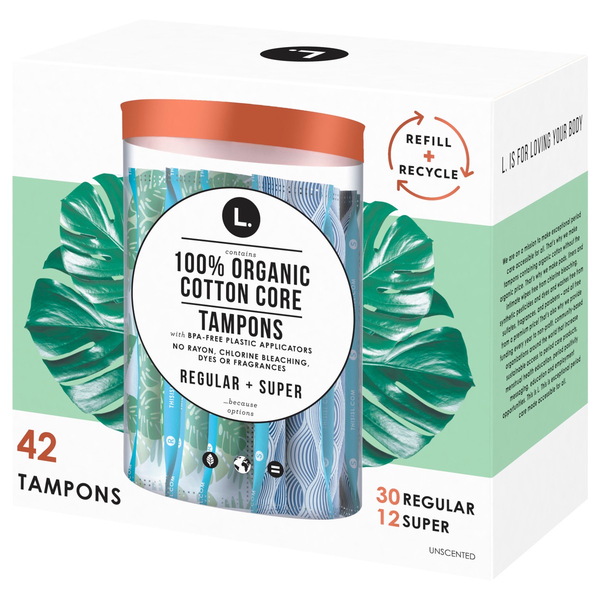 slide 3 of 4, L. Cotton Tampons RegularSuper Absorbency Multipack, Contains an Organic Cotton Core, Made Without Synthetic Pesticides, or Fragrances 42 Count, 42 ct