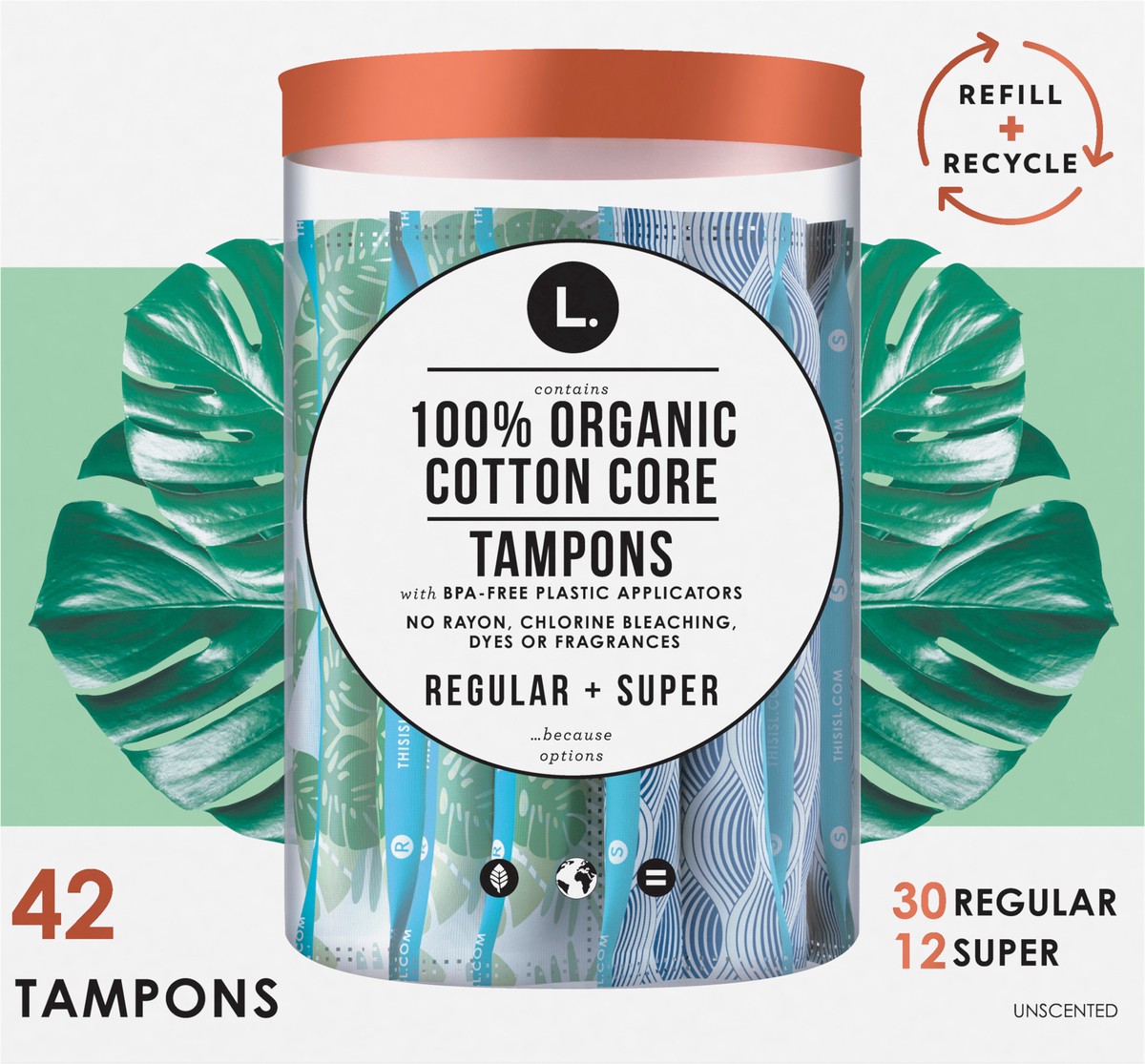 slide 2 of 4, L. Cotton Tampons RegularSuper Absorbency Multipack, Contains an Organic Cotton Core, Made Without Synthetic Pesticides, or Fragrances 42 Count, 42 ct