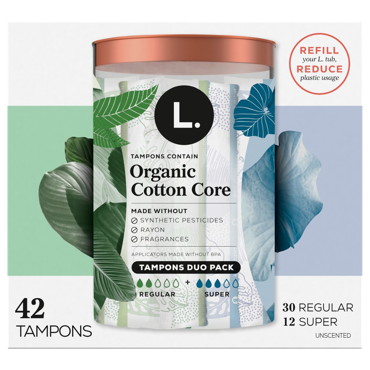 slide 1 of 4, L. Cotton Tampons RegularSuper Absorbency Multipack, Contains an Organic Cotton Core, Made Without Synthetic Pesticides, or Fragrances 42 Count, 42 ct