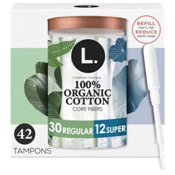 L. Cotton Tampons Regular/Super Absorbency Multipack, Contains an Organic Cotton Core, Made Without Synthetic Pesticides, or Fragrances 42 Count