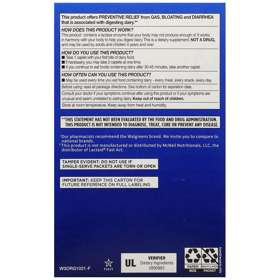slide 2 of 5, Walgreens Fast-Acting Lactase Enzyme Lactose Relief Caplets, 60 ct