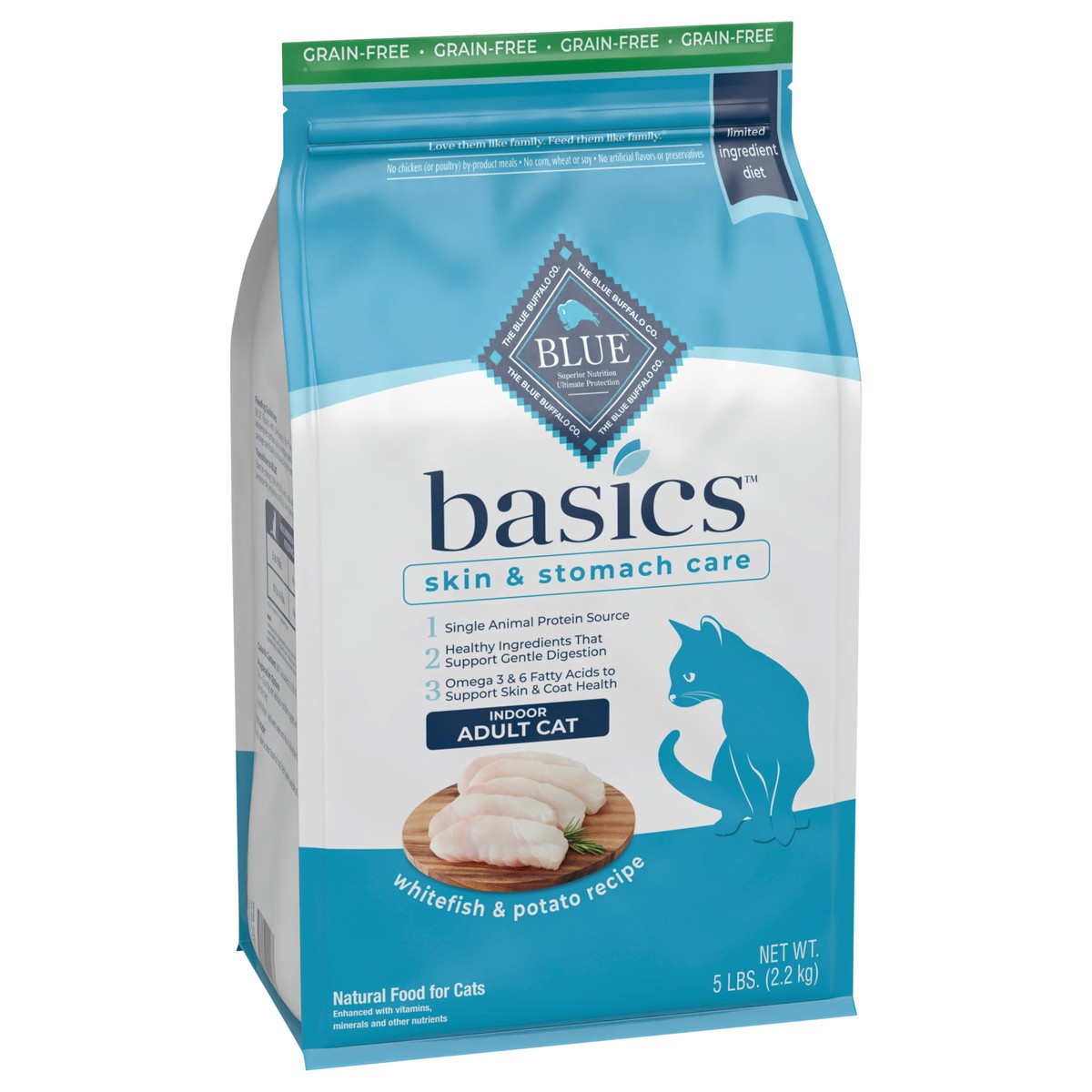 slide 7 of 9, Blue Buffalo Blue Basics Adult Grain-Free Fish and Potato Recipe Dry Cat Food, 5 lb