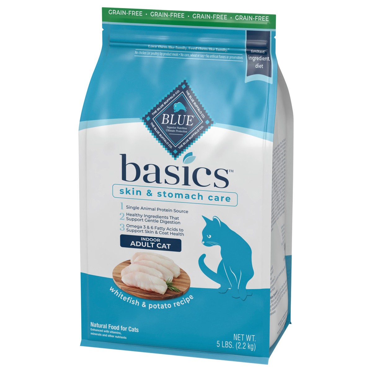 slide 3 of 9, Blue Buffalo Blue Basics Adult Grain-Free Fish and Potato Recipe Dry Cat Food, 5 lb