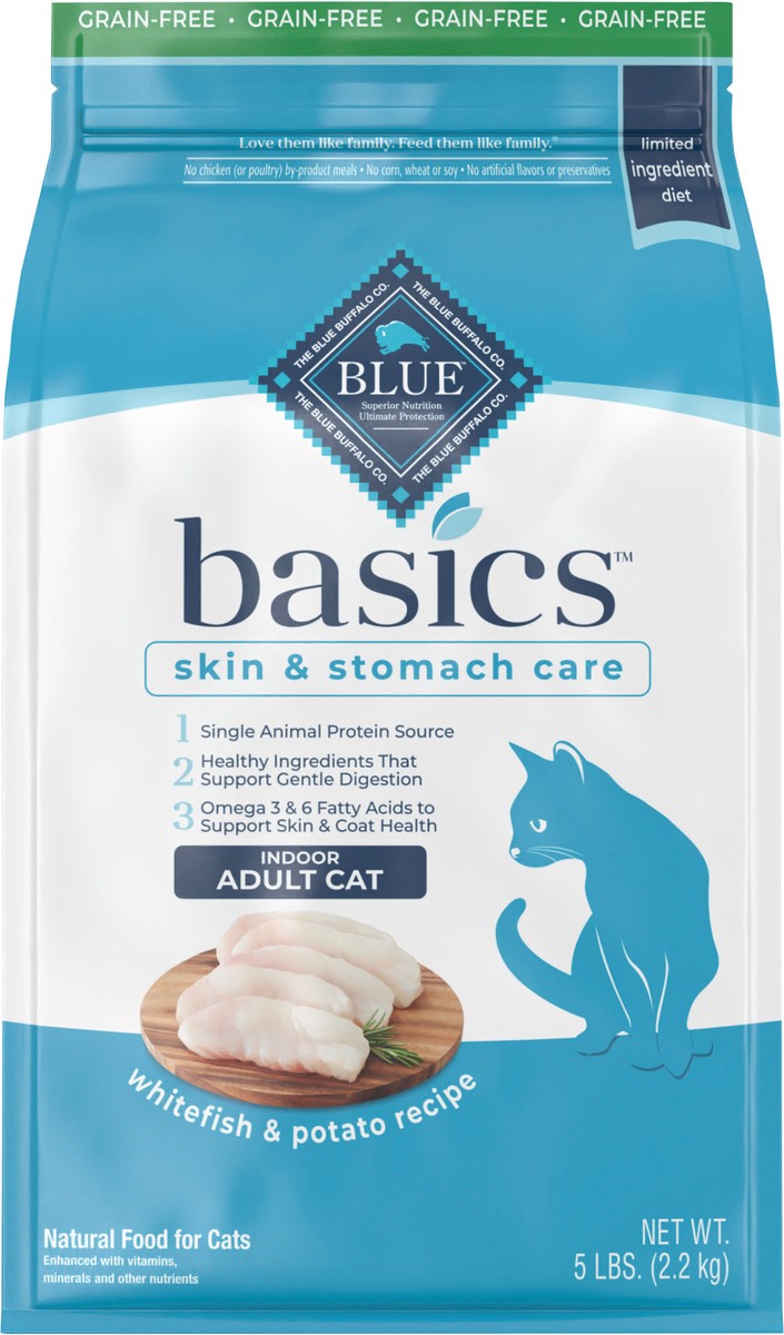 slide 9 of 9, Blue Buffalo Blue Basics Adult Grain-Free Fish and Potato Recipe Dry Cat Food, 5 lb