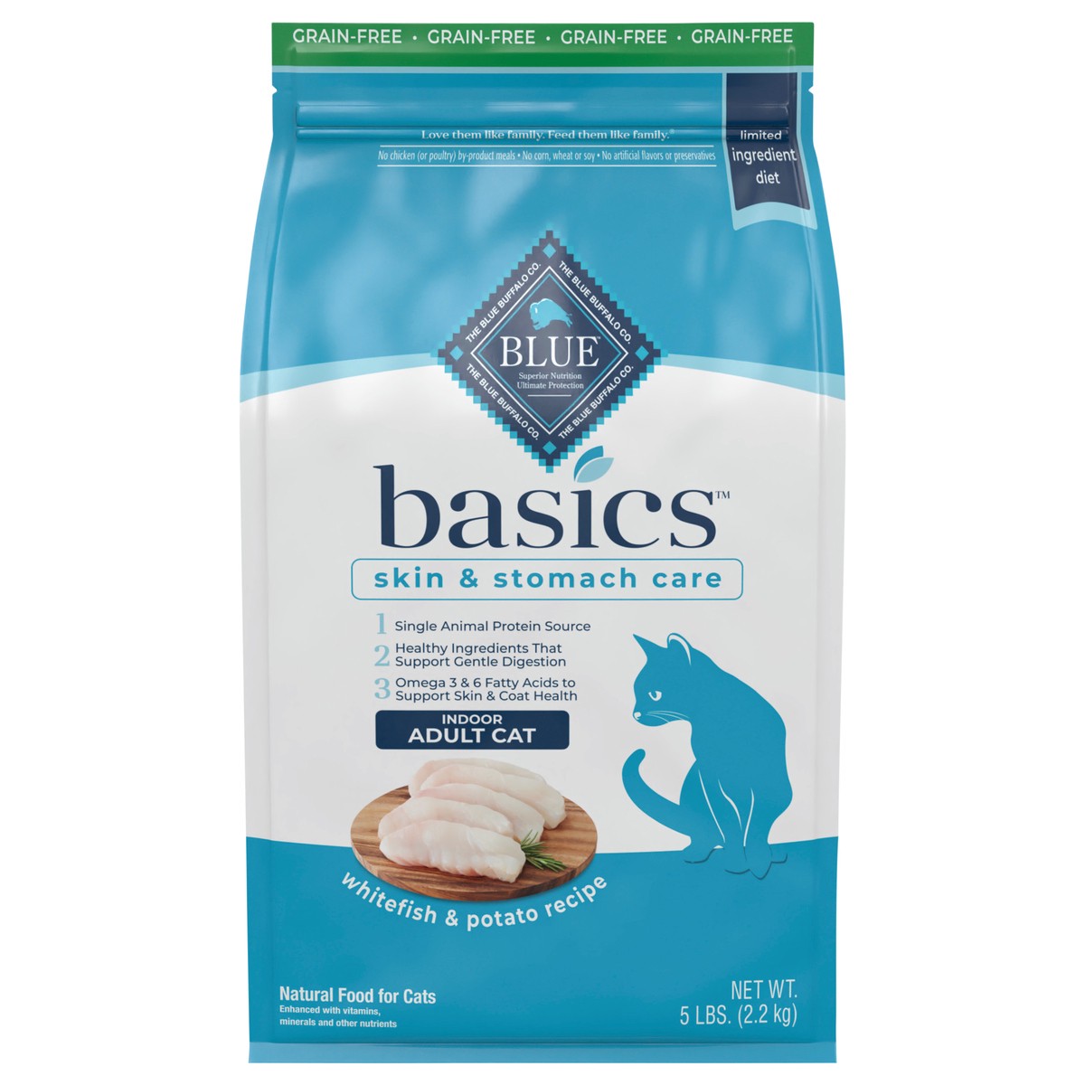 slide 1 of 9, Blue Buffalo Blue Basics Adult Grain-Free Fish and Potato Recipe Dry Cat Food, 5 lb