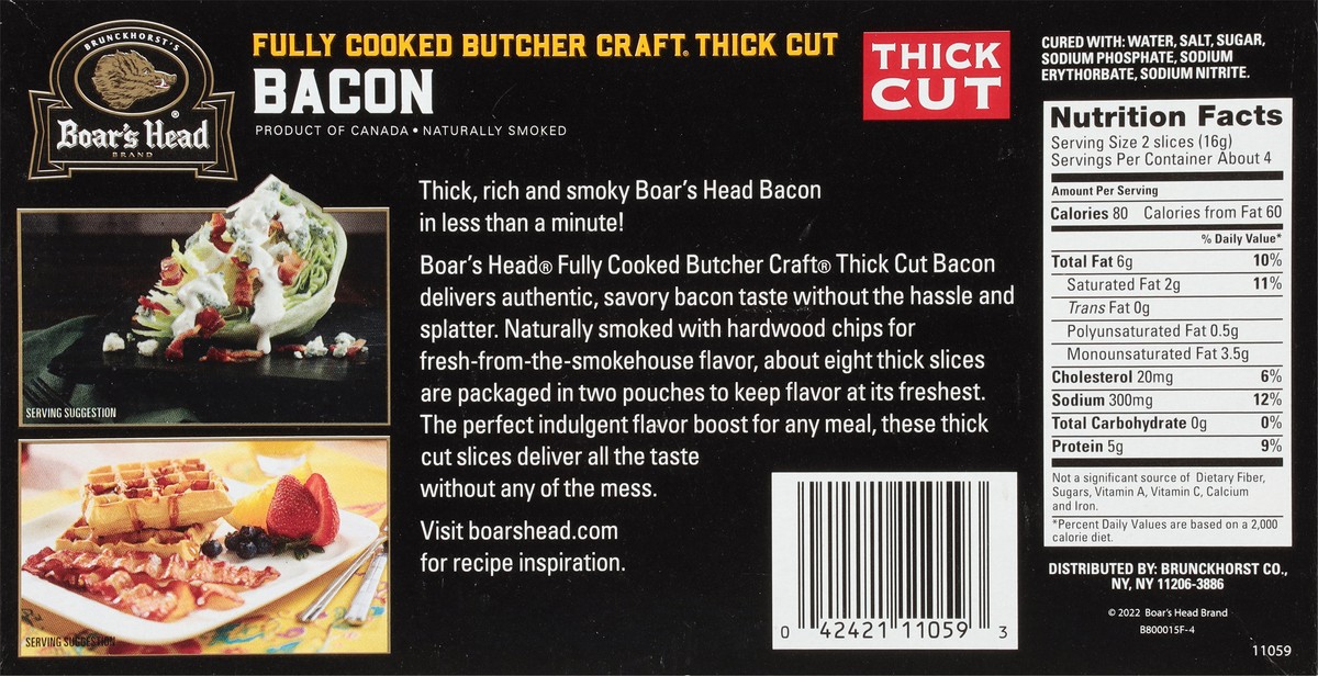 slide 3 of 9, Boar's Head Thick Fully Cooked Bacon, 2.29 oz