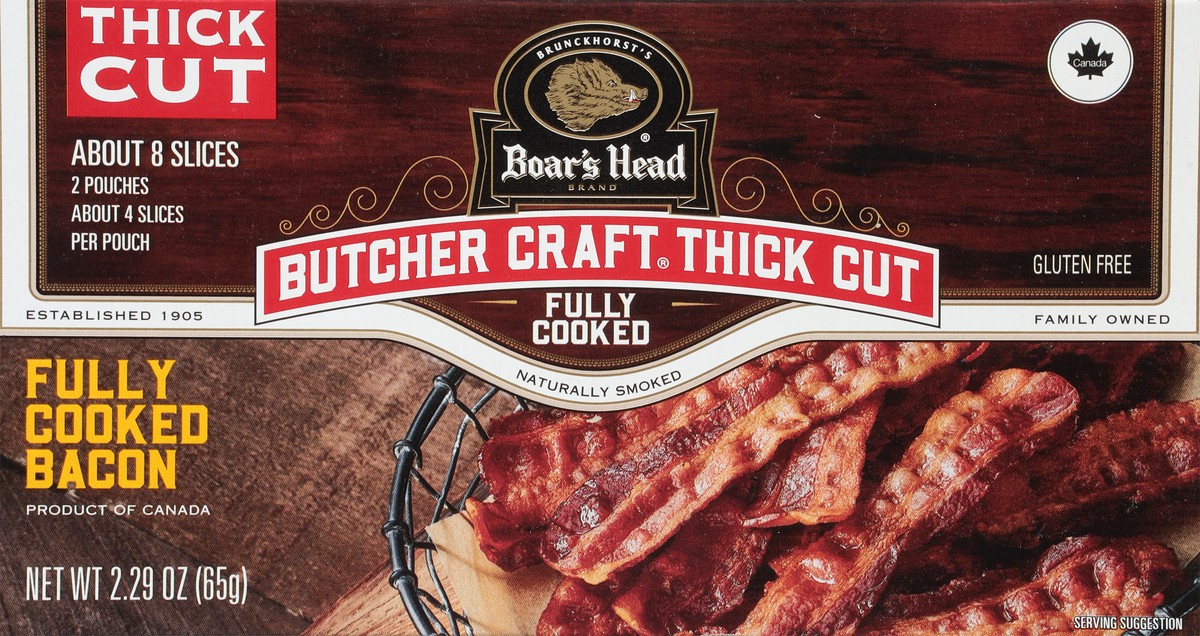 slide 4 of 9, Boar's Head Thick Fully Cooked Bacon, 2.29 oz