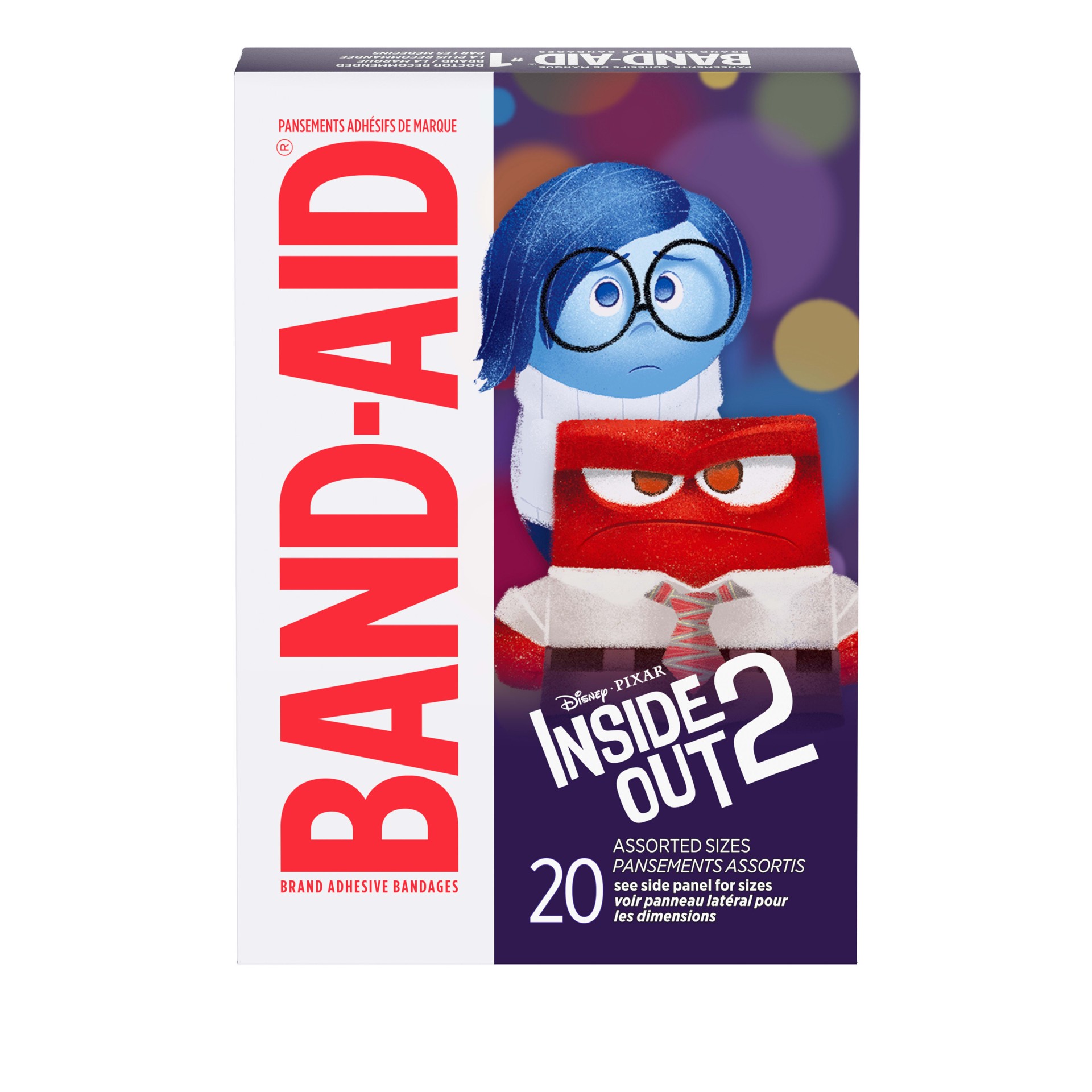 slide 6 of 8, BAND-AID Adhesive First Aid Bandages for Minor Cuts & Scrapes, Wound Care Featuring Disney Pixar's Inside Out Characters, Fun Bandages for Kids & Toddlers, Assorted Sizes, 20 Ct, 20 ct
