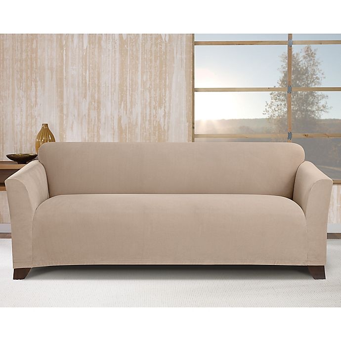 slide 1 of 2, SureFit Home Decor Stretch Morgan Box Cushion Sofa Cover - Khaki, 1 ct