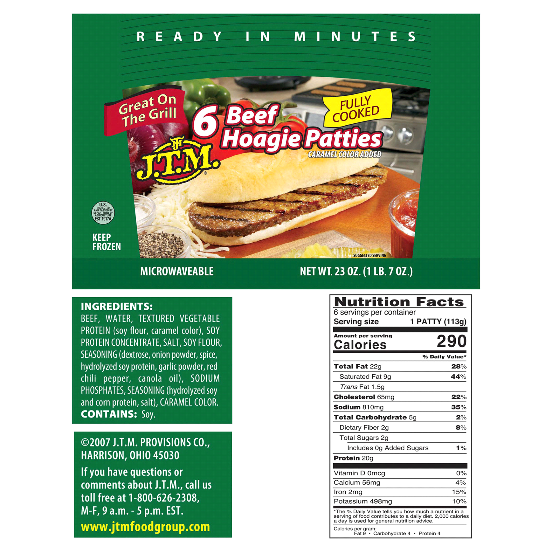 slide 1 of 1, J.T.M. Beef Hoagie Patties, 6 ct; 3.83 oz