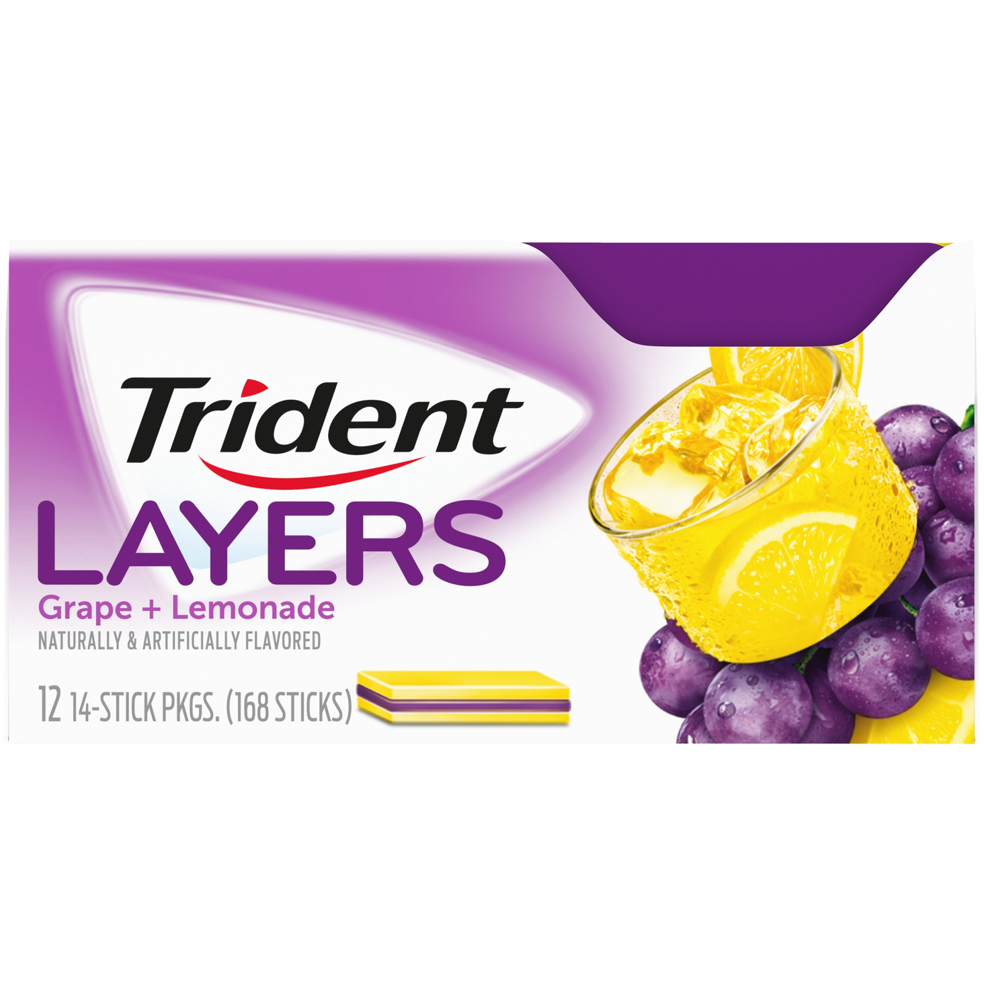 slide 1 of 1, Trident Layers Grape & Lemonade Sugar Free Gum, Lemonade Gum, 12 Packs of 14 Pieces (168 Total Pieces), 0.9 lb