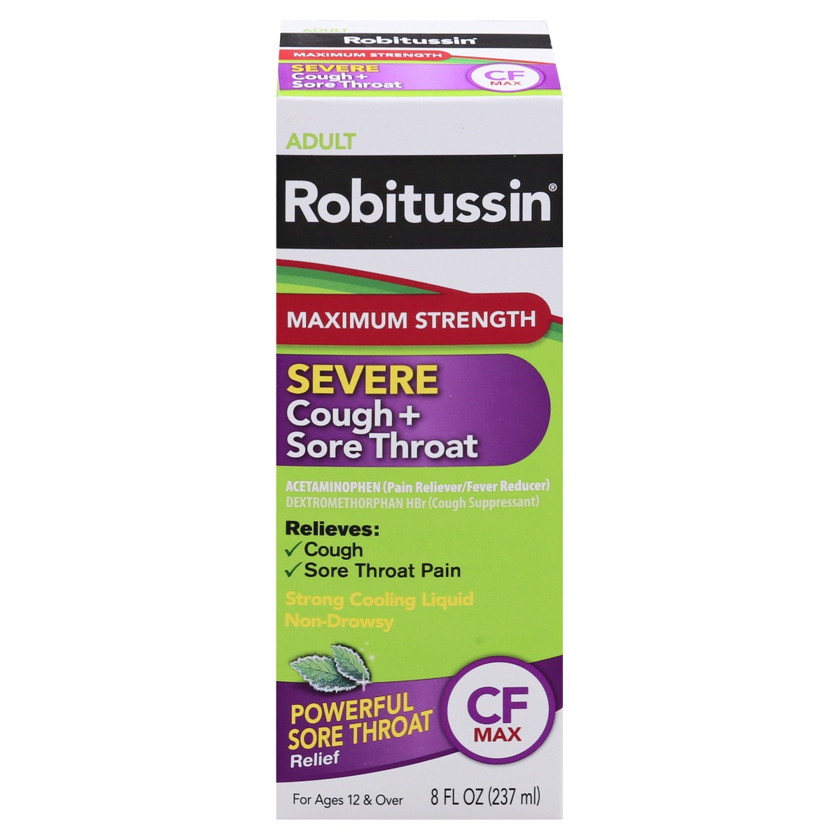 slide 1 of 1, Robitussin Cough + Sore Throat, Severe, Maximum Strength, Adult, 8 oz