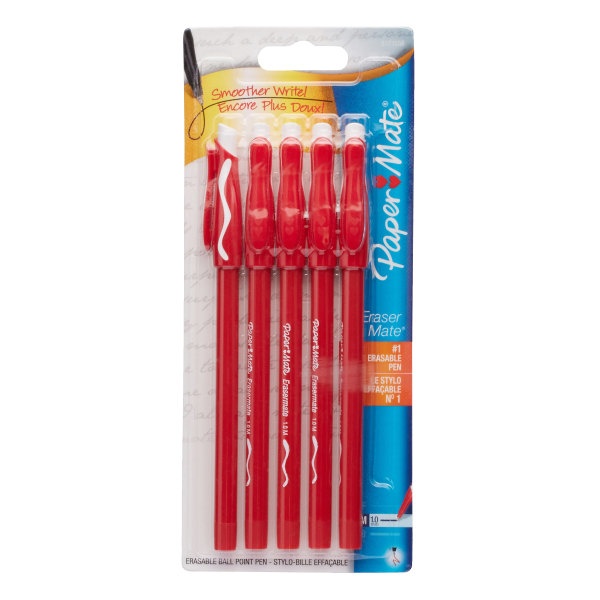 slide 1 of 5, Paper Mate Erasermate Pens, Medium Point, 1.0 Mm, Red Barrel, Red Ink, Pack Of 5, 5 ct