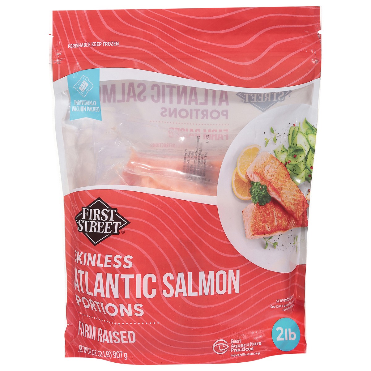 slide 2 of 14, First Street Farm Raised Atlantic Salmon Portions, 32 oz