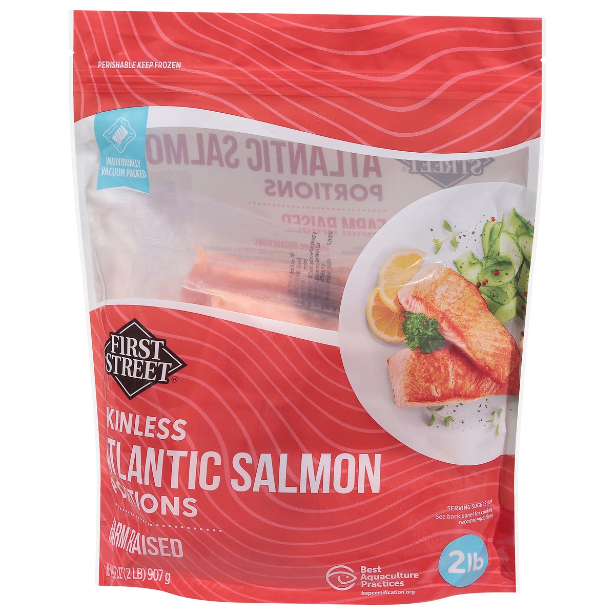 slide 14 of 14, First Street Farm Raised Atlantic Salmon Portions, 32 oz