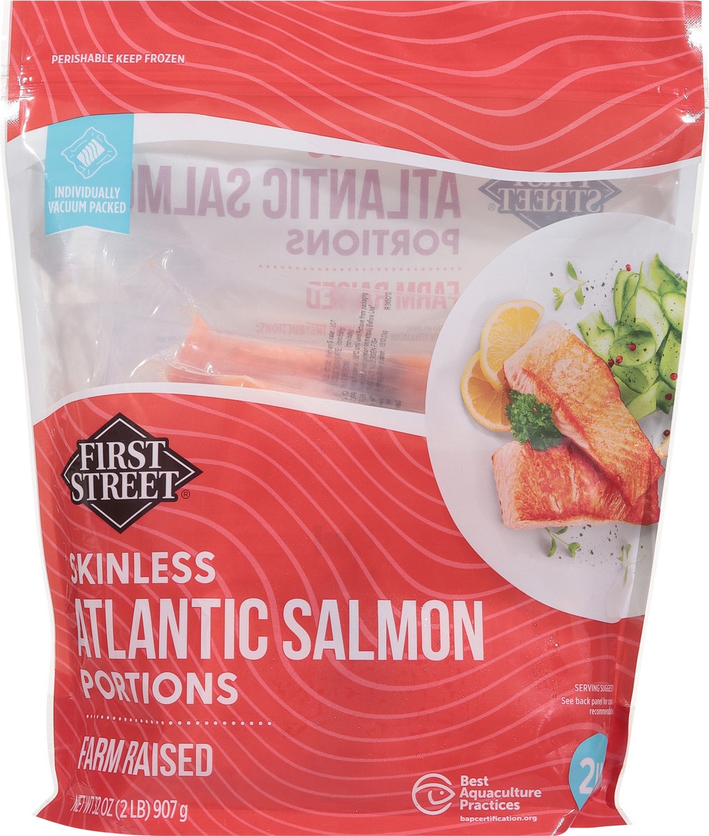 slide 13 of 14, First Street Farm Raised Atlantic Salmon Portions, 32 oz