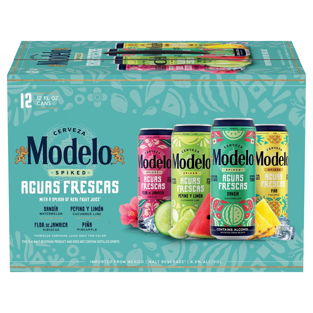 slide 1 of 6, Modelo Spiked Aguas Frescas Variety Pack Flavored Malt Beverage, 12 pk 12 fl oz Cans, 4.5% ABV, 144 fl oz