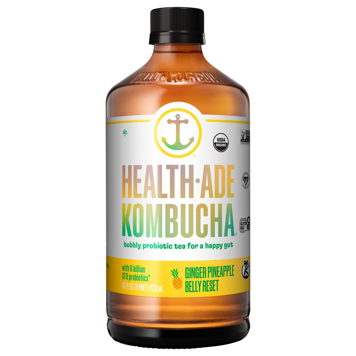 slide 1 of 9, Health-Ade Health Ade Kombucha 16oz - Glow Up - Ginger Pineapple Belly Reset, 16 fl oz