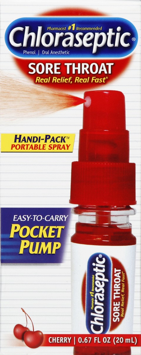 slide 4 of 5, Chloraseptic Sore Throat Spray, Cherry, Pocket Pump 0.67 fl oz, 1 Bottle, 0.67 fl oz