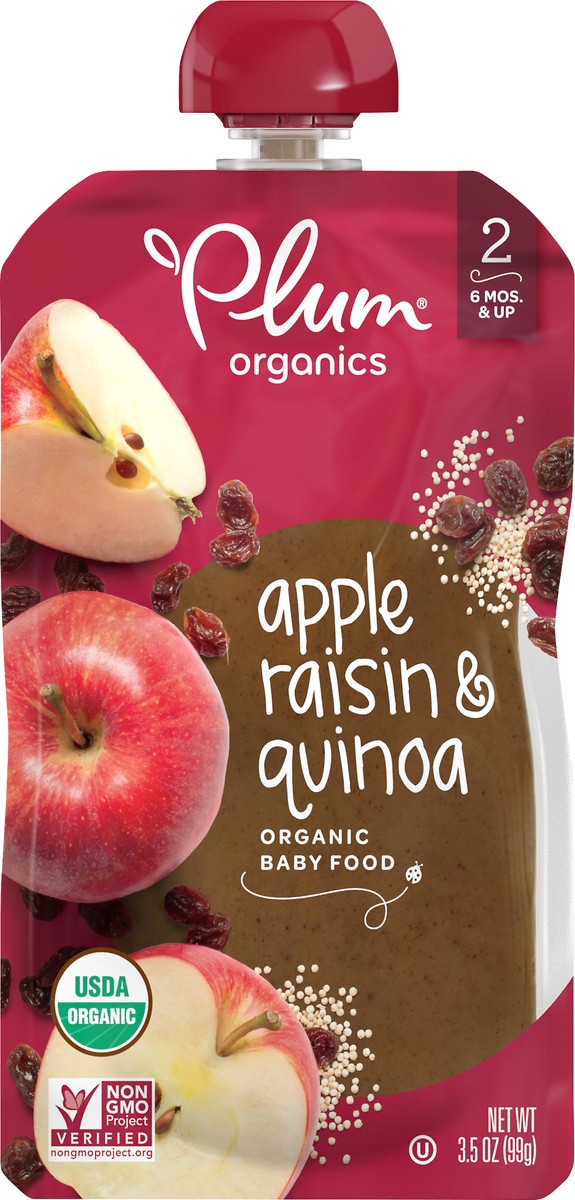 slide 1 of 5, Plum Organics 2 (6 Months & Up) Organic Apple, Raisin & Quinoa Baby Food 3.5 oz, 4 oz