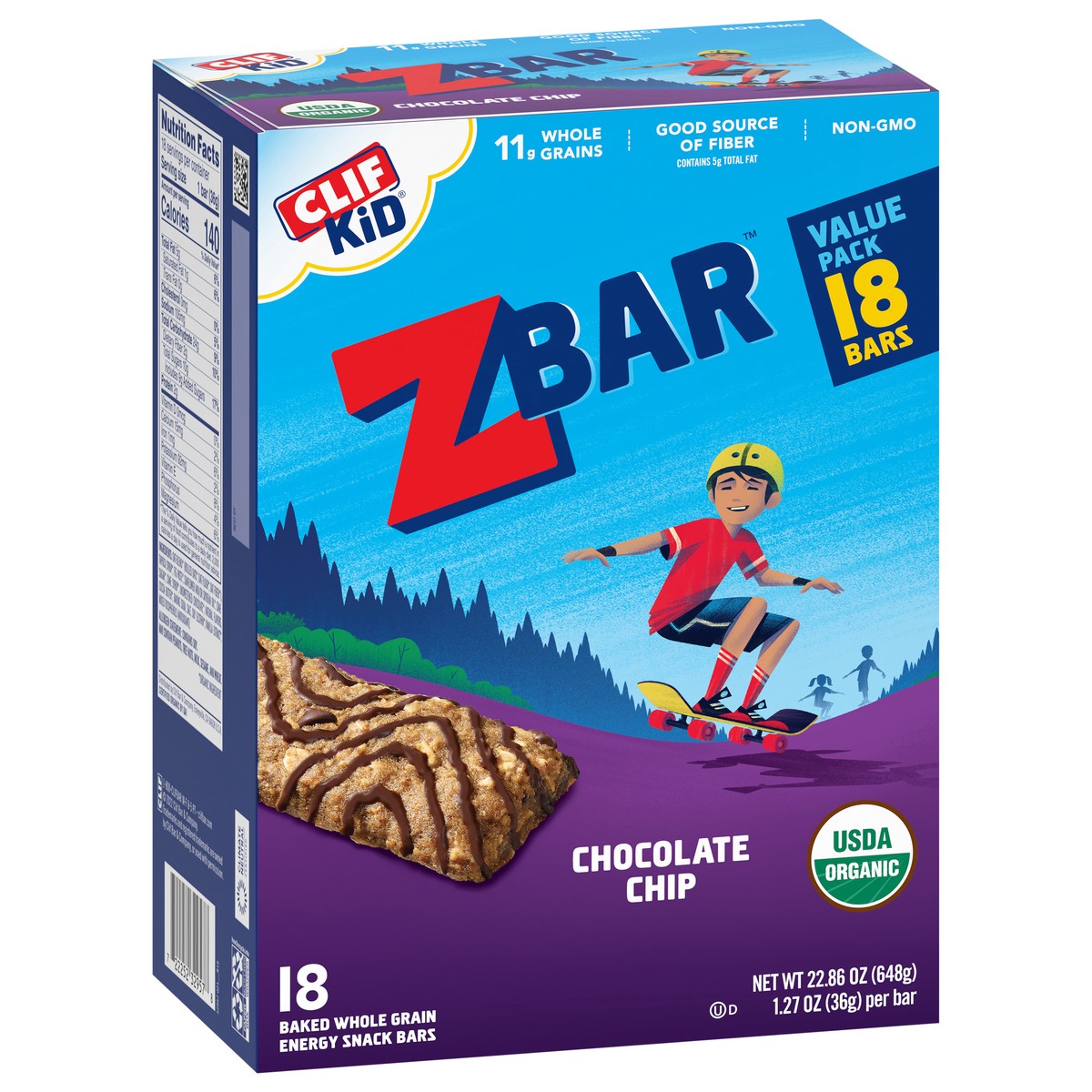 slide 2 of 9, CLIF Kid Zbar - Chocolate Chip - Soft Baked Whole Grain Snack Bars - USDA Organic - Non-GMO - Plant-Based - 1.27 oz. (18 Pack), 22.86 oz